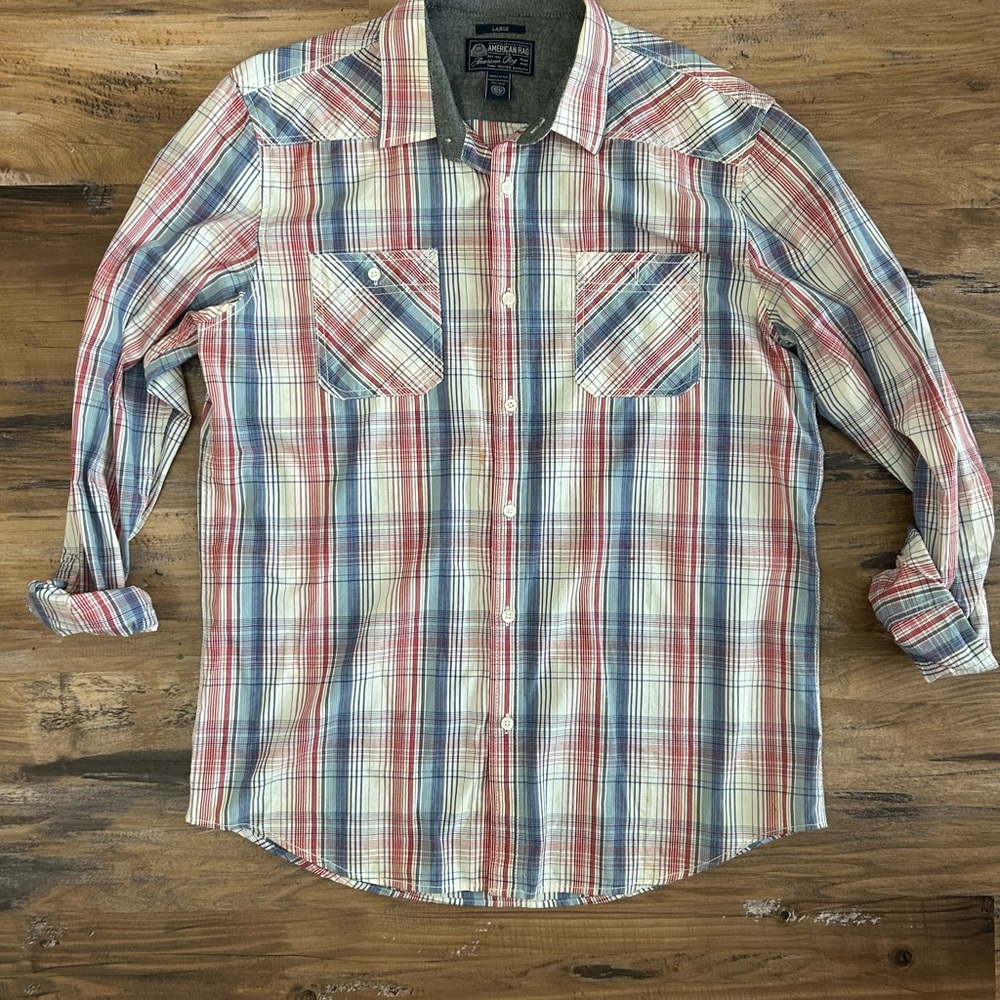 American Rag Red, Blue & White Plaid Button-Down Shirt